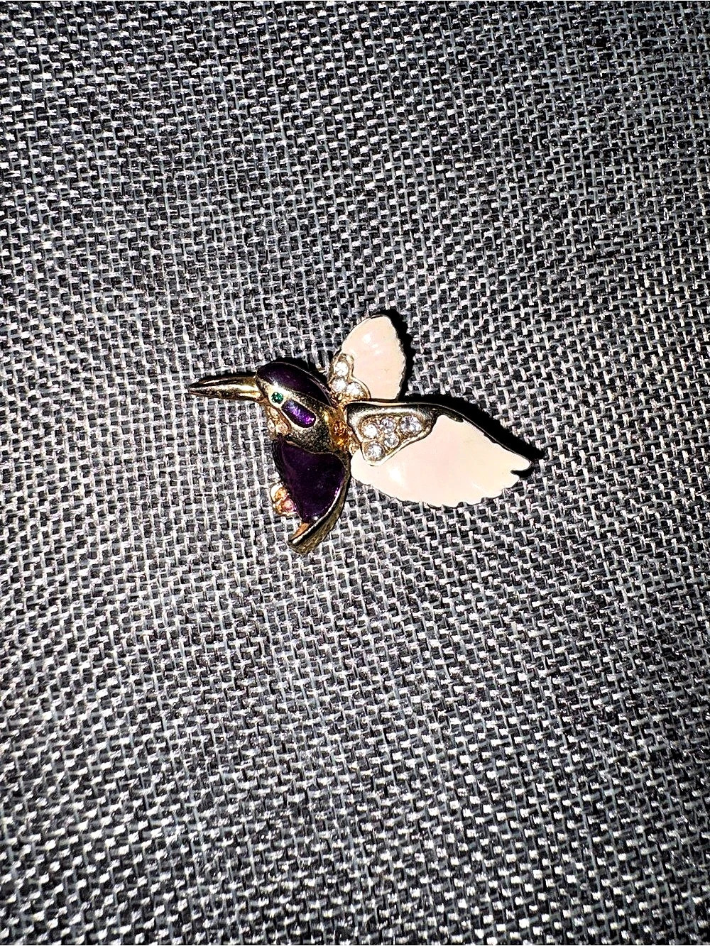 Purple & Cream Enamel Hummingbird Brooch | Gold-Tone Rhinestone Bird Pin